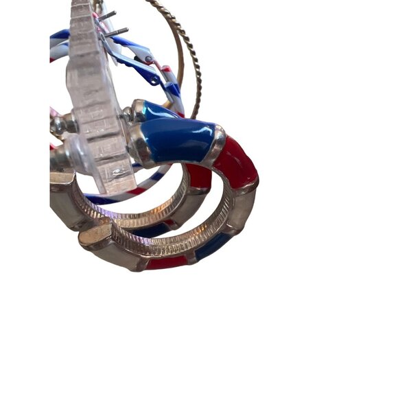 Vintage Red White Blue Enamel Hoops Pierced Earrings Patriotic Summer Democracy - Picture 6 of 11